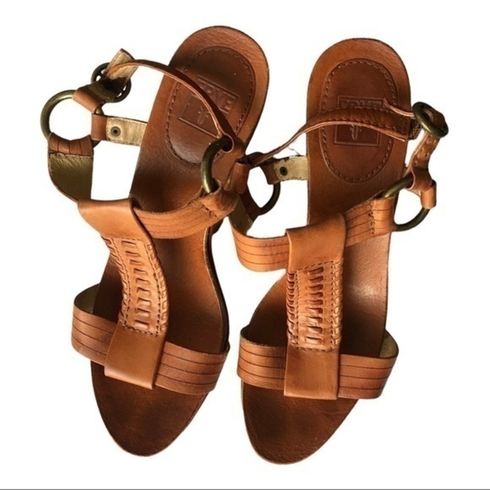 Frye Brown Leather Braylin Artisanal T Strap Cork Wedge Sandals Size 7M - Picture 6 of 9
